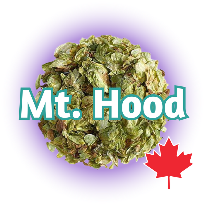 A cluster of dried Canadian Grown Mt Hood hops cones, with the text 'Mt. Hood' overlayed, against a purple background with a Canadian flag symbol in the corner.