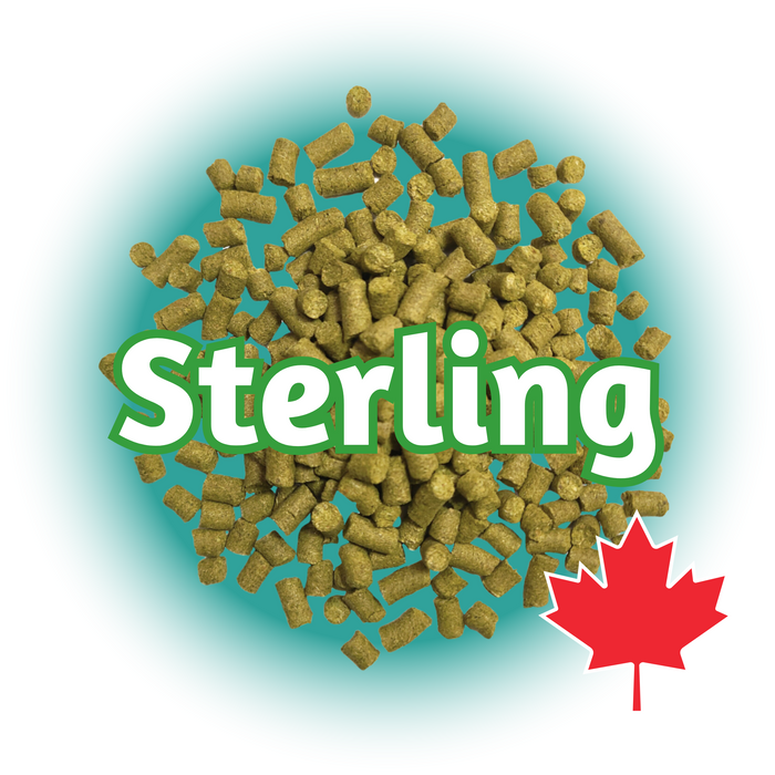 A graphic representation of Canadian Grown Sterling Hops T90 hop pellets with the name 'Sterling' displayed prominently in the center. A Canadian flag is also visible, indicating the origin of the hops.
