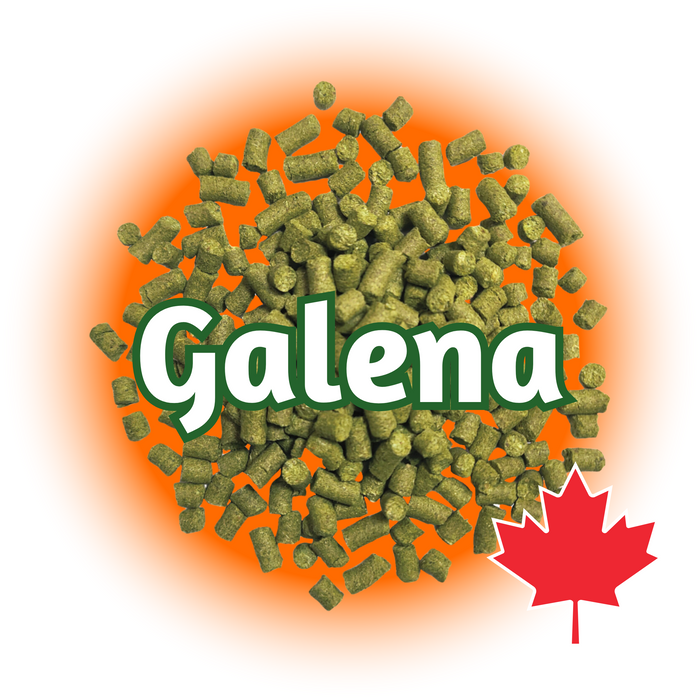 A graphic representation of Canadian Grown Galena hops pellets with the name 'Galena' displayed in large text and a Canadian maple leaf icon, indicating the origin.