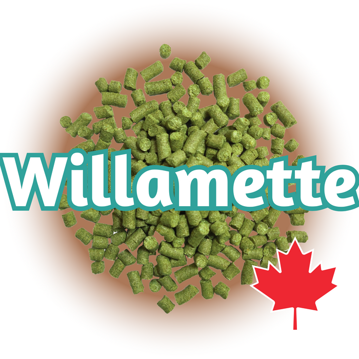 A pile of green Canadian Grown Willamette hops pellets with the text 'Willamette' and a Canadian flag logo, indicating the variety and the origin of the hops.