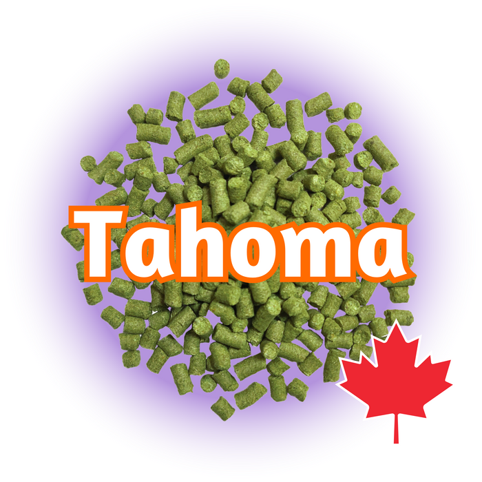 A pile of green Canadian Grown Tahoma hops T90 pellets with the name 'Tahoma' in bold letters, and a Canadian flag symbol indicating the product is grown in Canada.