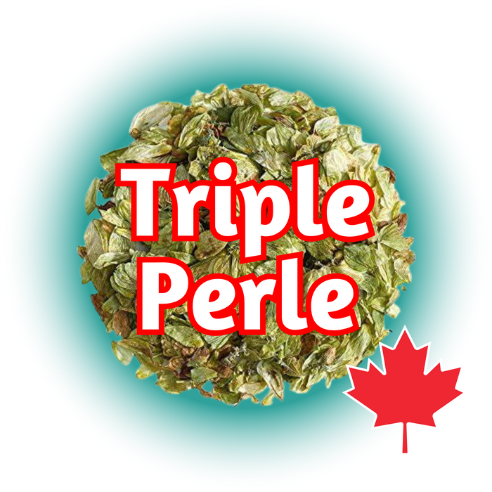 A graphic representation of Canadian Grown Triple Perle hops in whole cone with a label and a Canadian flag, indicating the product's origin.