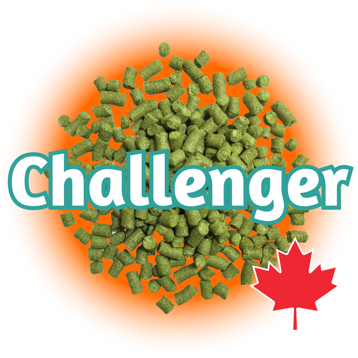 A graphic representation of green Canadian Grown Challenger Hops T90 pellets with the text 'Challenger' and a Canadian flag symbol, indicating the origin of growth.