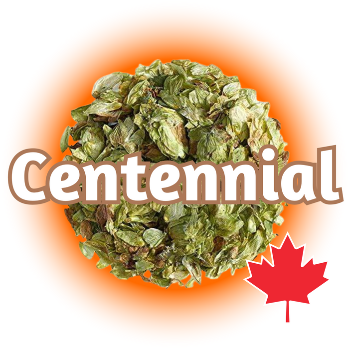 A graphic representation of Canadian Grown Centennial Hops in  Whole Cone form with the hop variety name 'Centennial' displayed prominently in the image. A Canadian maple leaf icon is also present, indicating the hop's origin.