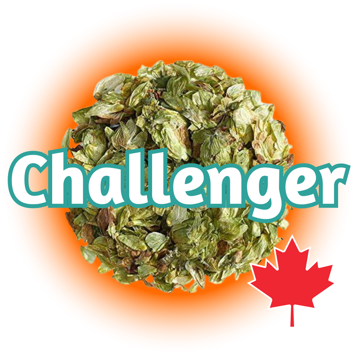 A close-up image of dried Canadian Grown Challenger hops in whole cone form, predominantly green in colour with a text overlay of 'Challenger' and a Canadian maple leaf icon, indicated place of origin.