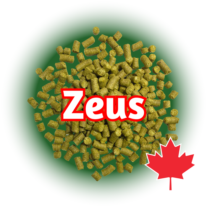 A pile of green Canadian Grown CTZ Zeus hops pellets with the name 'Zeus' written in white letters on the top, and a Canadian flag symbol in the bottom right corner.