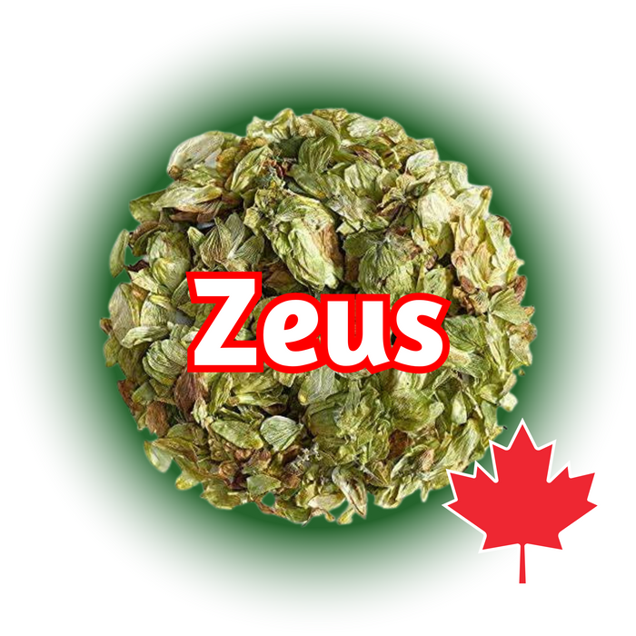 A dried hop cone with the name 'Zeus' printed on it, against a background featuring a Canadian maple leaf. Canadian Grown CTZ (Zeus) hops.