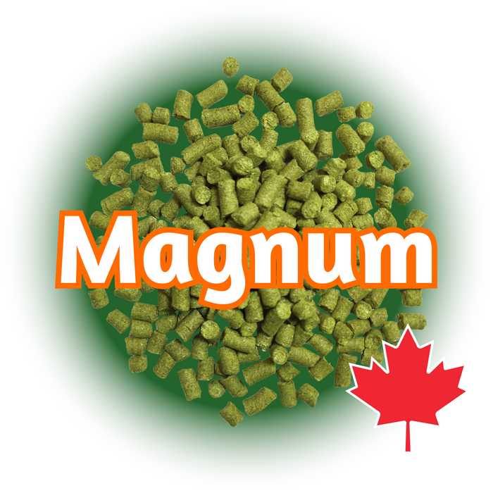 A graphic representation of green Canadian Grown Magnum hops T90 pellets with the name 'Magnum' written across and a Canadian flag logo.