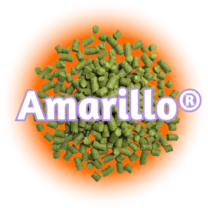 A pile of green  pellets with Amarillo® Hops , the brand name 'Amarillo®' prominently displayed in white text over a circular orange background.