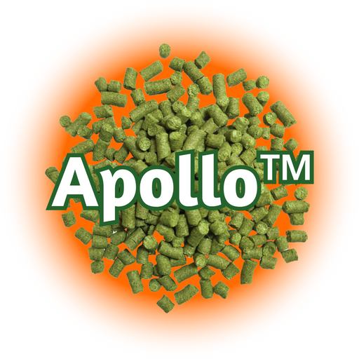 A pile of green US Apollo™ Hops T90 pellets with the brand name 'Apollo™' displayed on a orange and white background.