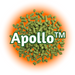 A pile of green US Apollo™ Hops T90 pellets with the brand name 'Apollo™' displayed on a orange and white background.