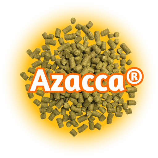 A pile of green Azacca® Hops T90 pellets with the Azacca logo visible on the packaging.