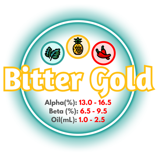 Canadian Grown Bitter Gold hops product label with icons and text on a white background.