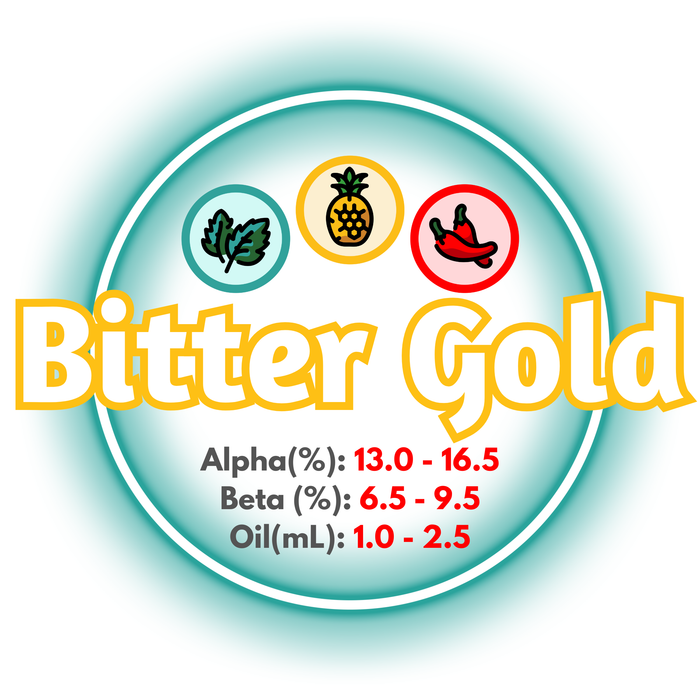 Canadian Grown Bitter Gold hops product label with icons and text on a white background.