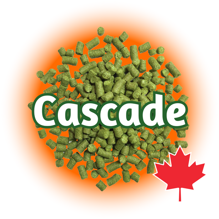 A pile of green Canadian Grown Cascade hops T90 pellets with the name 'Cascade' written in large white letters, against an orange background with a maple leaf symbol indicating Canadian origin.