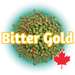 Green pellets of Canadian Grown Bitter Gold hops and a red maple leaf on a blue gradient background.