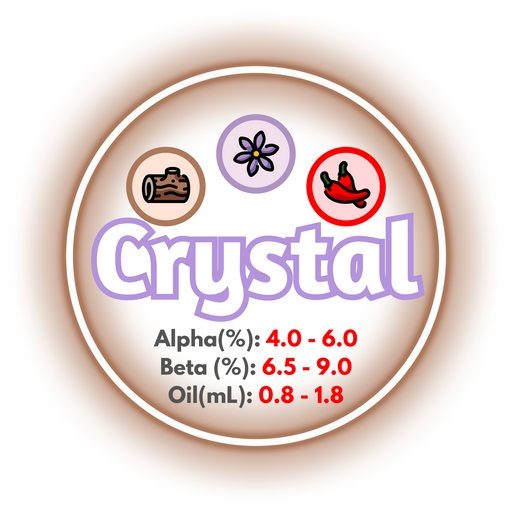 A graphic showing the brewing values of US Crystal hops, ringed in brown on a white background.