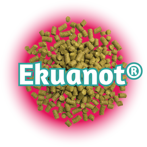 A close-up of  US Ekuanot® Hops T90 pellets with a brand logo visible in the background.