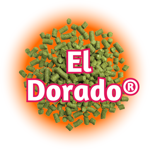 A logo featuring green El Dorado® Hops T90 pellets against an orange background with the text 'El Dorado' in white.