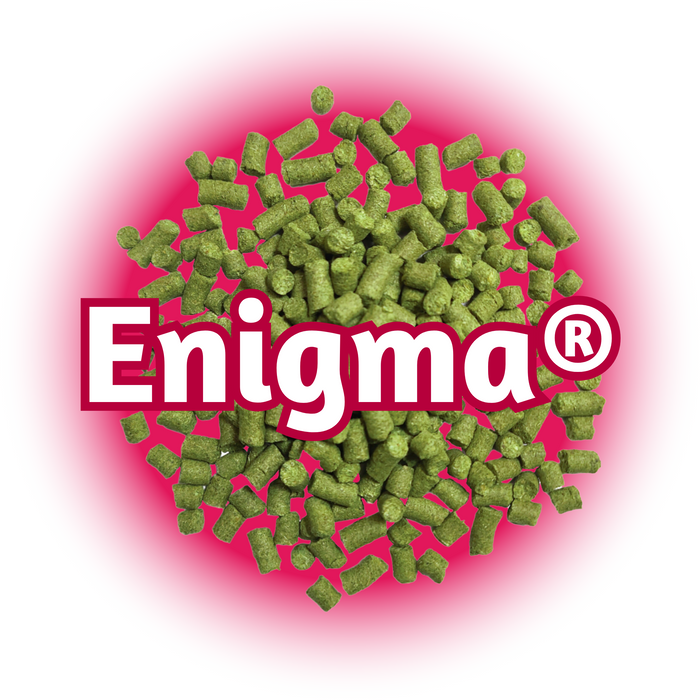 A pile of green Enigma® Hops T90 pellets against a pink to red gradient background, with the Enigma logo in the centre.