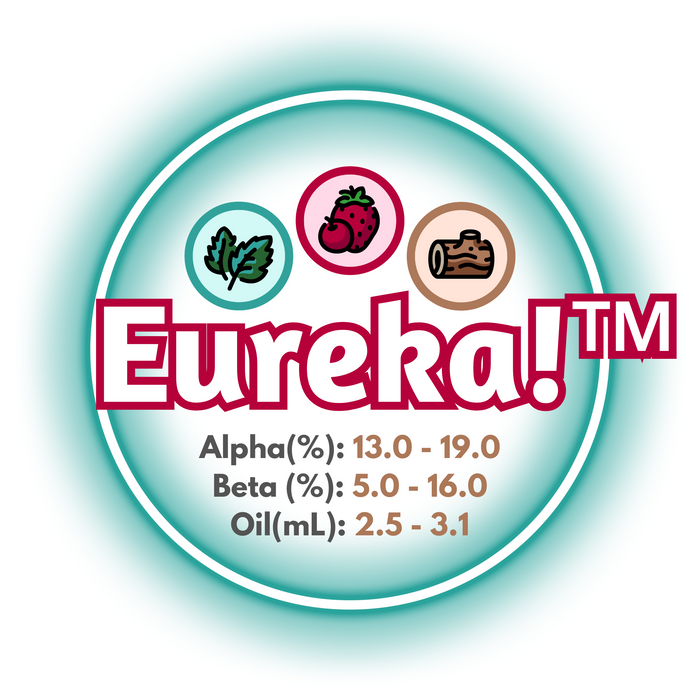 A graphic showing the brewing values of US Eureka!™ Hops, circled in teal on a white background.