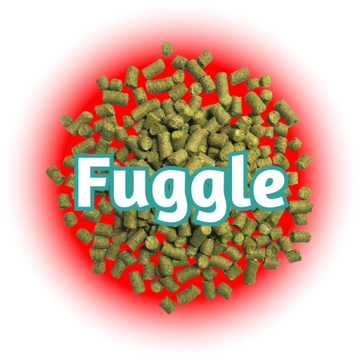 A close-up of EU Fuggle Hops T90 pellets with the word 'Fuggle' displayed in the background.