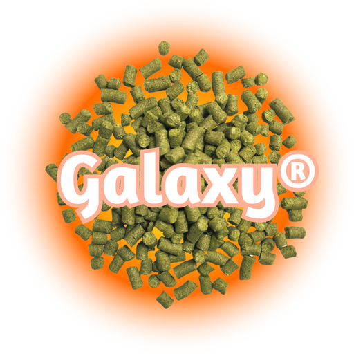 A pile of green Galaxy® Hops T90  pellets with the Galaxy logo in the centre against an orange background.