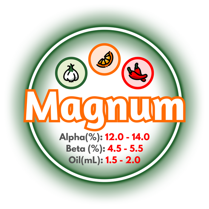 A graphic showing the brewing values of GR Magnum Hops, ringed in green on a white background.