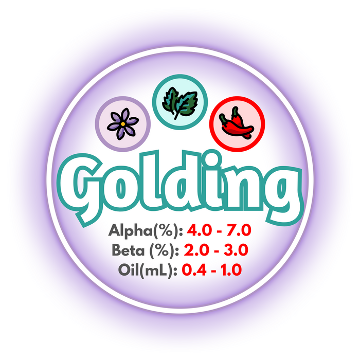 A graphic showing the brewing values of Canadian Grown Golding hops, surrounded by a purple-hued circle.