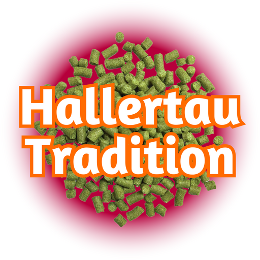 Green EU Hallertau Tradition Hops on a bed of pink, with the name in orange on a white background.
