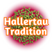 Green EU Hallertau Tradition Hops on a bed of pink, with the name in orange on a white background.