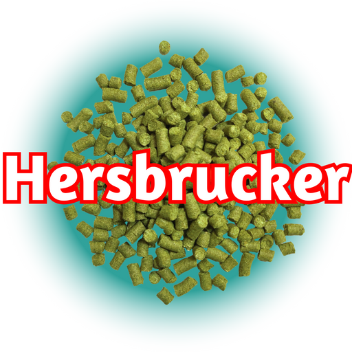 Green GR Hersbrucker Hops pellets on a bed of blue, the name outlined in red on a white background.
