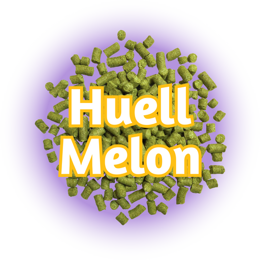 Green GR Huell Melon Hops pellets on top of a purple circle, the name outlined in yellow on a white background.