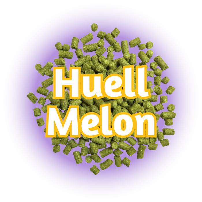 Green GR Huell Melon Hops pellets on top of a purple circle, the name outlined in yellow on a white background.