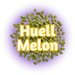 Green GR Huell Melon Hops pellets on top of a purple circle, the name outlined in yellow on a white background.