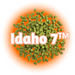 A pile of green US Idaho 7™ Hops pellets with the text 'IDAHO 7' above it, against an orange and yellow gradient background.