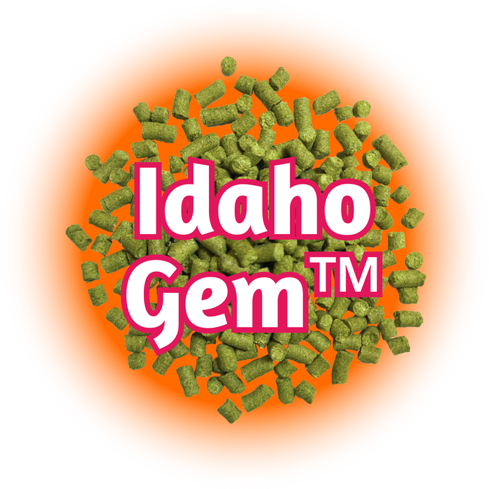Packaging of US Idaho Gem™ Hops T90 Pellets with an orange and red background, showcasing green hop pellets and the brand name in bold lettering.