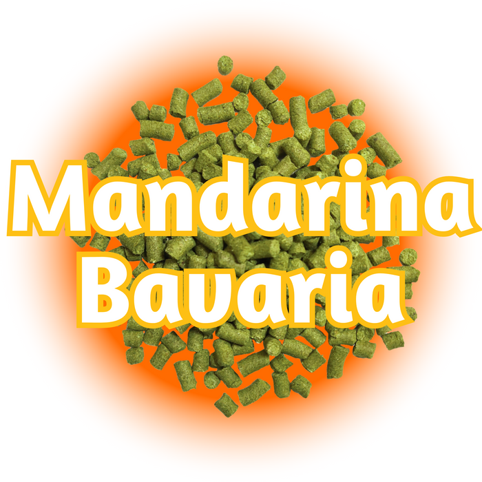 A pile of green GR Mandarina Bavaria hops with a logo that reads 'Mandarina Bavaria' in bold lettering on a white background.