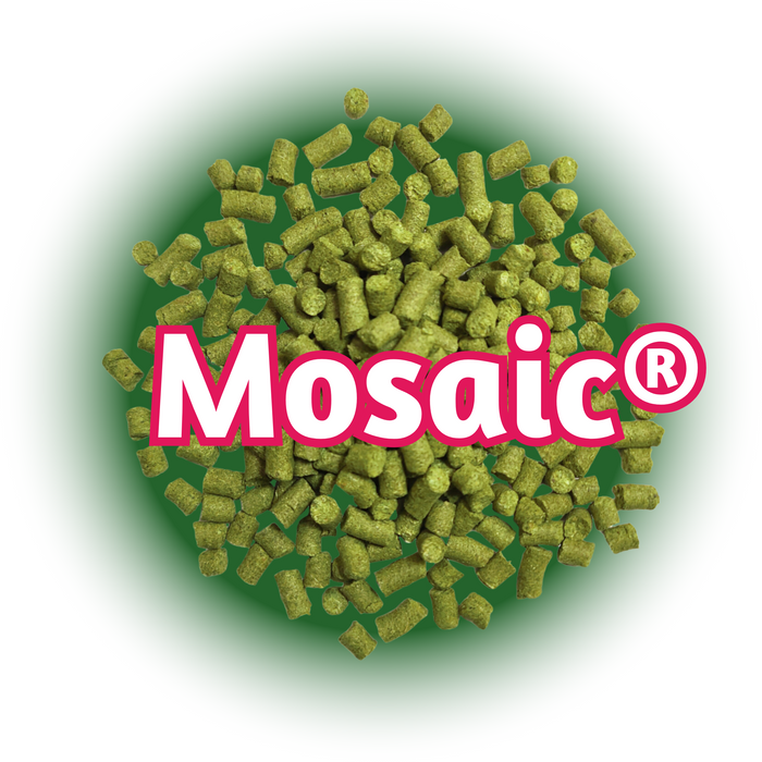 A close-up of US Mosaic® Hops T90  pellets with the Mosaic brand logo overlay.