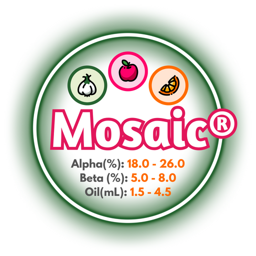 A graphic showing the brewing values of US Mosaic® Hops, ringed in green on a background of white.