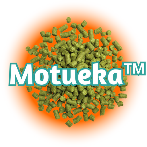 A close-up of NZ Motueka™ Hops T90 pellets hops, which are green in color, against an orange and white background with the 'Motueka TM' logo.