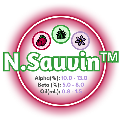 A graphic showing the brewing values of NZ Nelson Sauvin™ Hops, circled in a deep pink ring, on a white background.