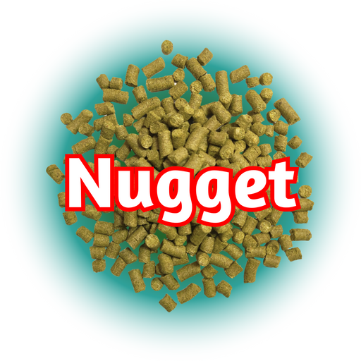 Green US Nugget Hops T90 pellets on a disc of greenish blue, 'Nugget' outlined in orange on a white background.