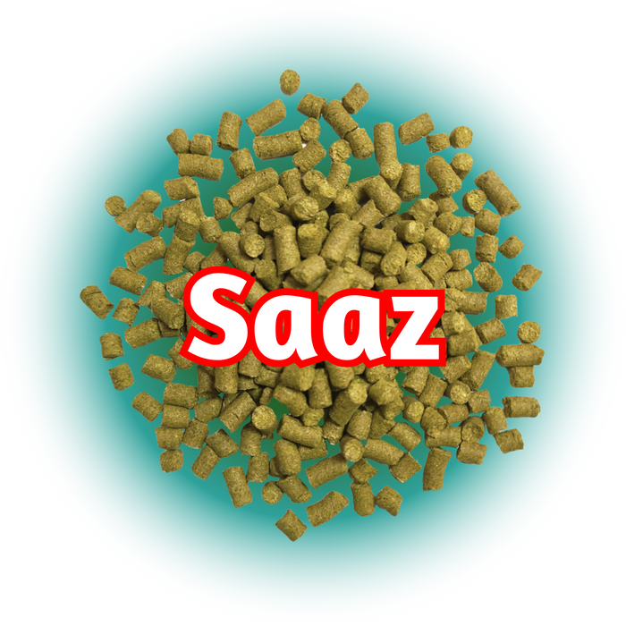 A close-up image of CZ Saaz Hops T90 pellets, which are used for brewing beer. The pellets are green in color, and the word 'Saaz' is prominently displayed in the background.