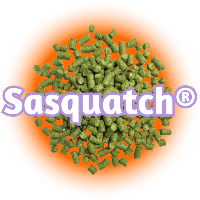 A pile of green Canadian Grown Sasquatch® Hops against an orange and white background.