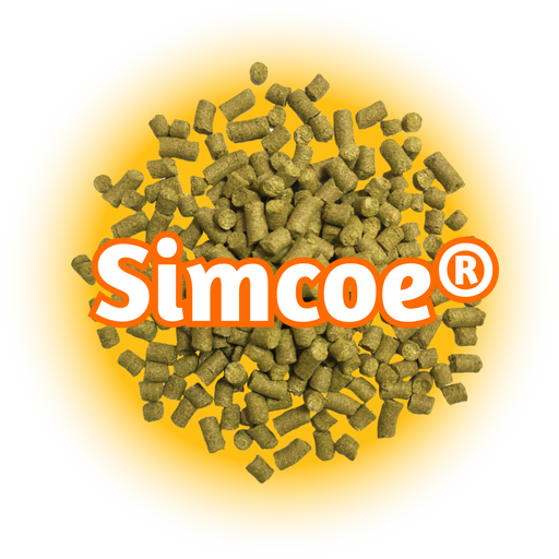 A pile of green US Simcoe® Hops T90 pellets on a disc of yellow on a white background.