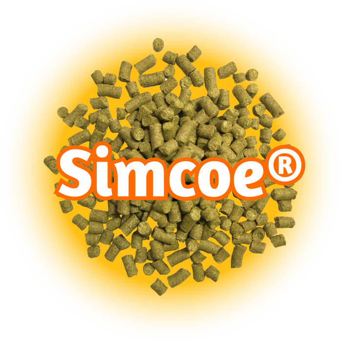 A pile of green US Simcoe® Hops T90 pellets on a disc of yellow on a white background.