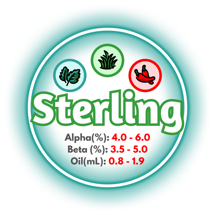 A graphic showing the brewing values of Canadian Grown Sterling hops, surrounded by a blue-hued circle on a white background.