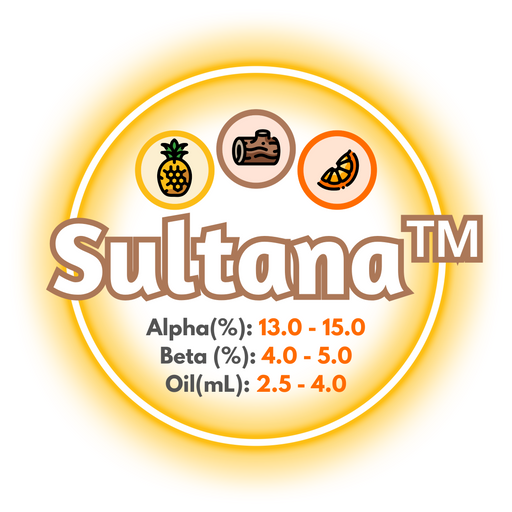 A graphic showing the brewing values of US Sultana™ Hops.
