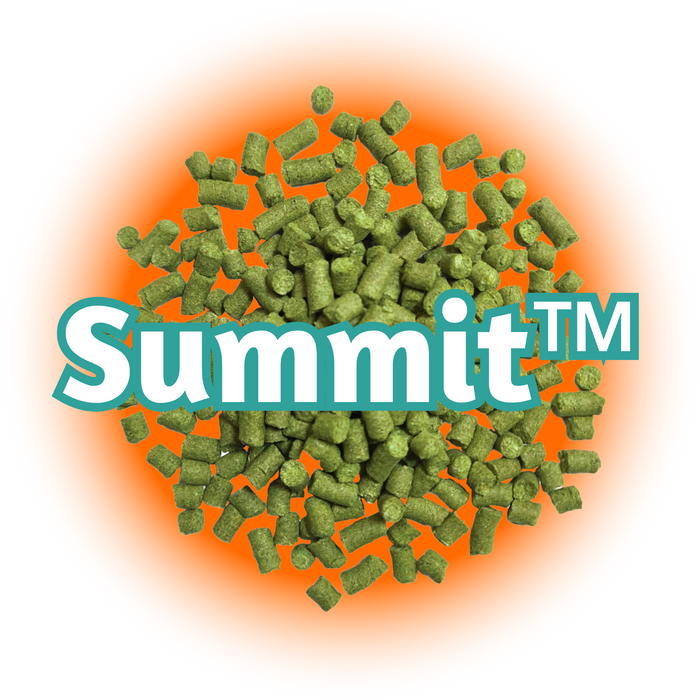 A close-up of US Summit™ Hops  pellets with the 'SUMMIT TM' logo superimposed on an orange and yellow background.